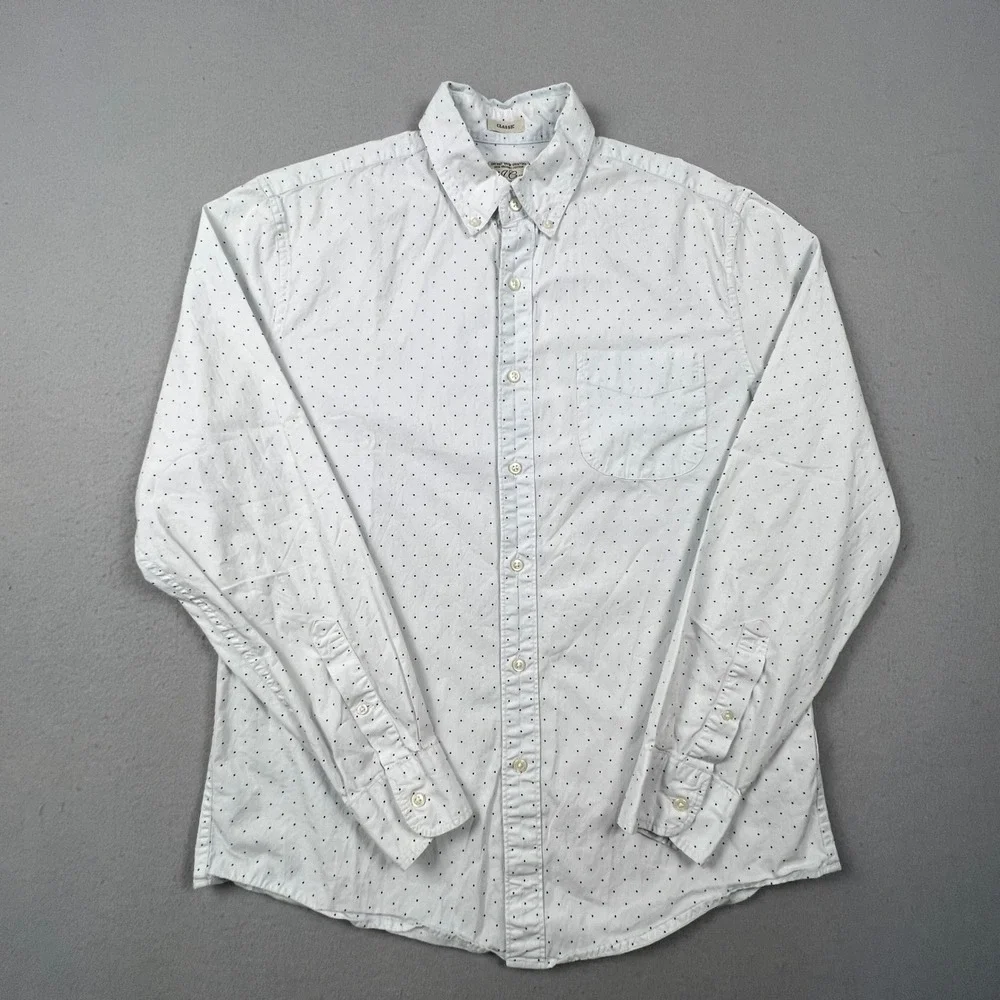 J. Crew Button Down Shirt Mens M White Polka Dot Secret Wash Stretch Classic Fit